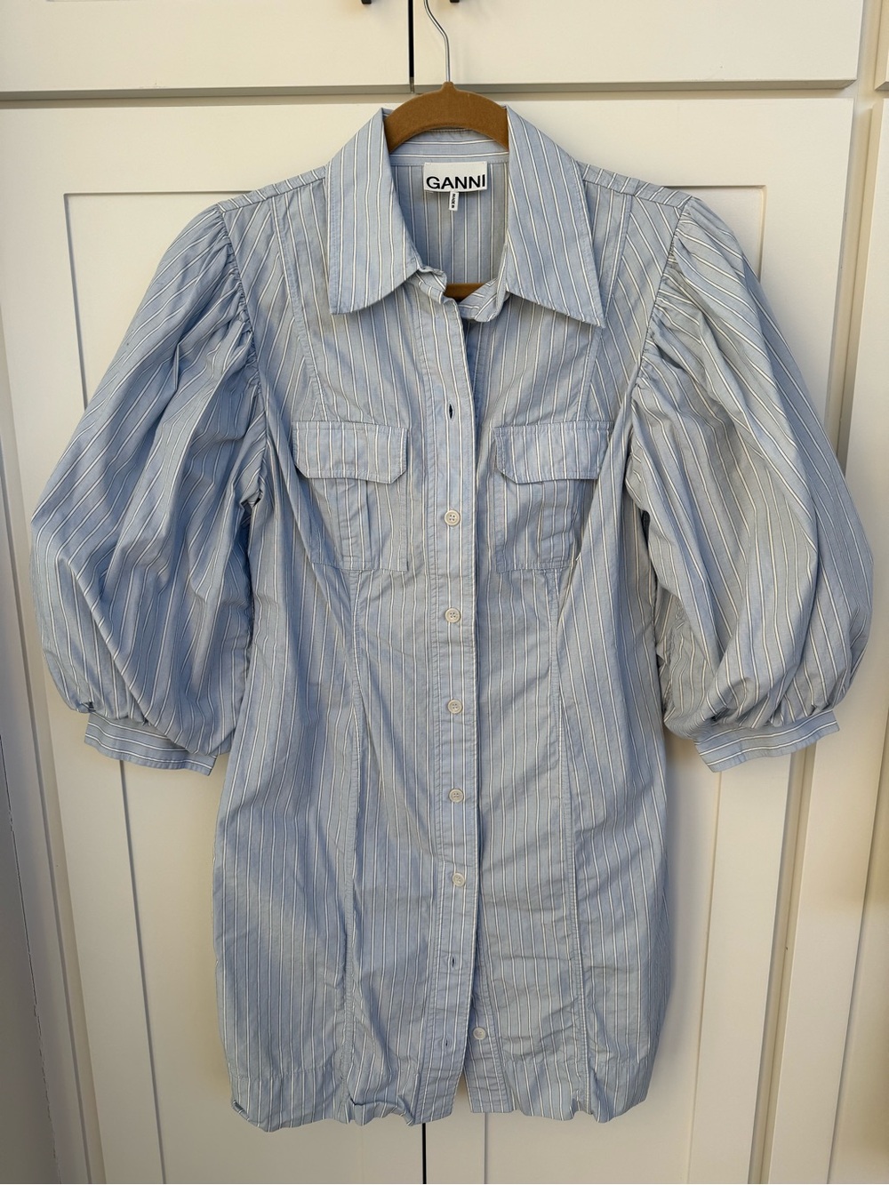 Ganni Light Blue and White Striped Button-Up Shirt